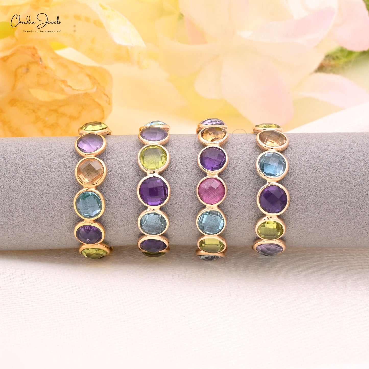 Genuine 4mm Multi Gemstones Eternity Ring 14K Solid Yellow Gold Fine Stone Ring Size-US 6