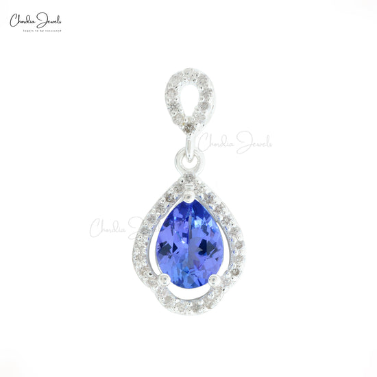 Elegant Tanzanite 8x6mm Pear Cut Pendant 14k White Real Gold Diamond Art Deco Fine Jewelry