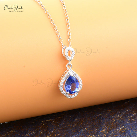 Elegant Tanzanite 8x6mm Pear Cut Pendant 14k White Real Gold Diamond Art Deco Fine Jewelry