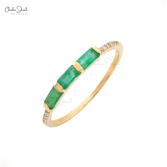 Natural Emerald Dainty Ring 14k Solid Yellow Gold Ring 4x2mm Baguette Cut Ring For Birthday Gift