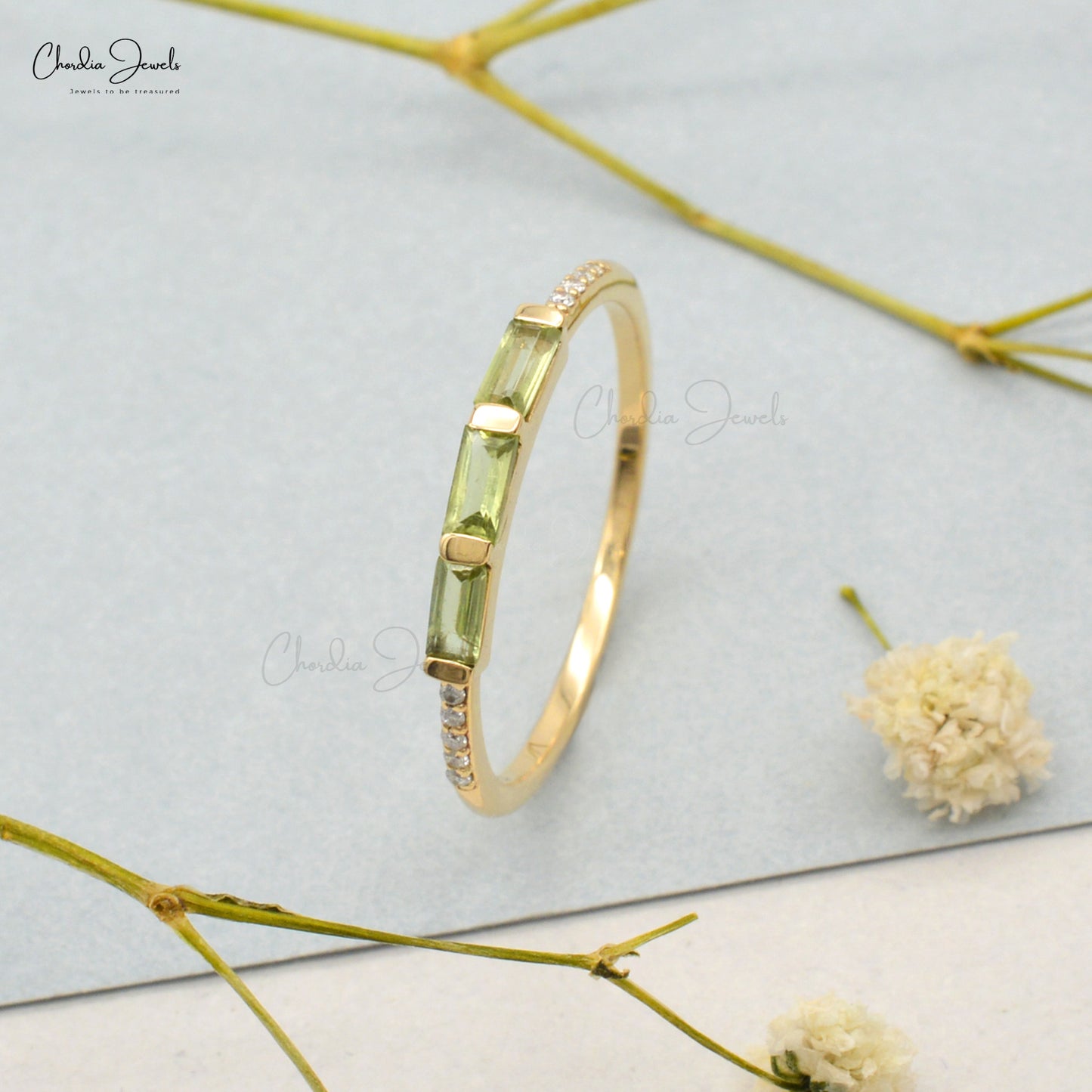 Solid 14k Yellow Gold Diamond Dainty Ring with Genuine 0.24ct Peridot For Wedding Gift