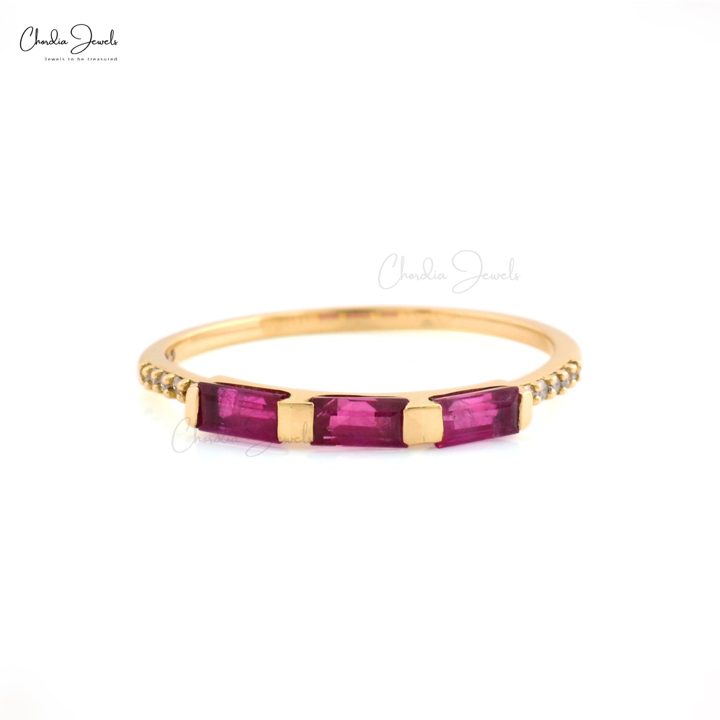 Natural Burma Ruby Trilogy Ring In 14k Yellow Gold Gemstone And Diamond Stacking Ring