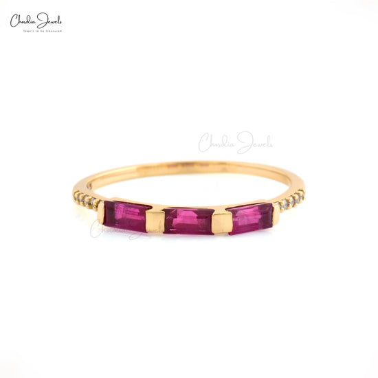 Genuine Ruby 14k Solid Yellow Gold Ring G-H Diamond  4x2mm Baguette Cut Gemstone Minimalist Ring For Wedding Gift