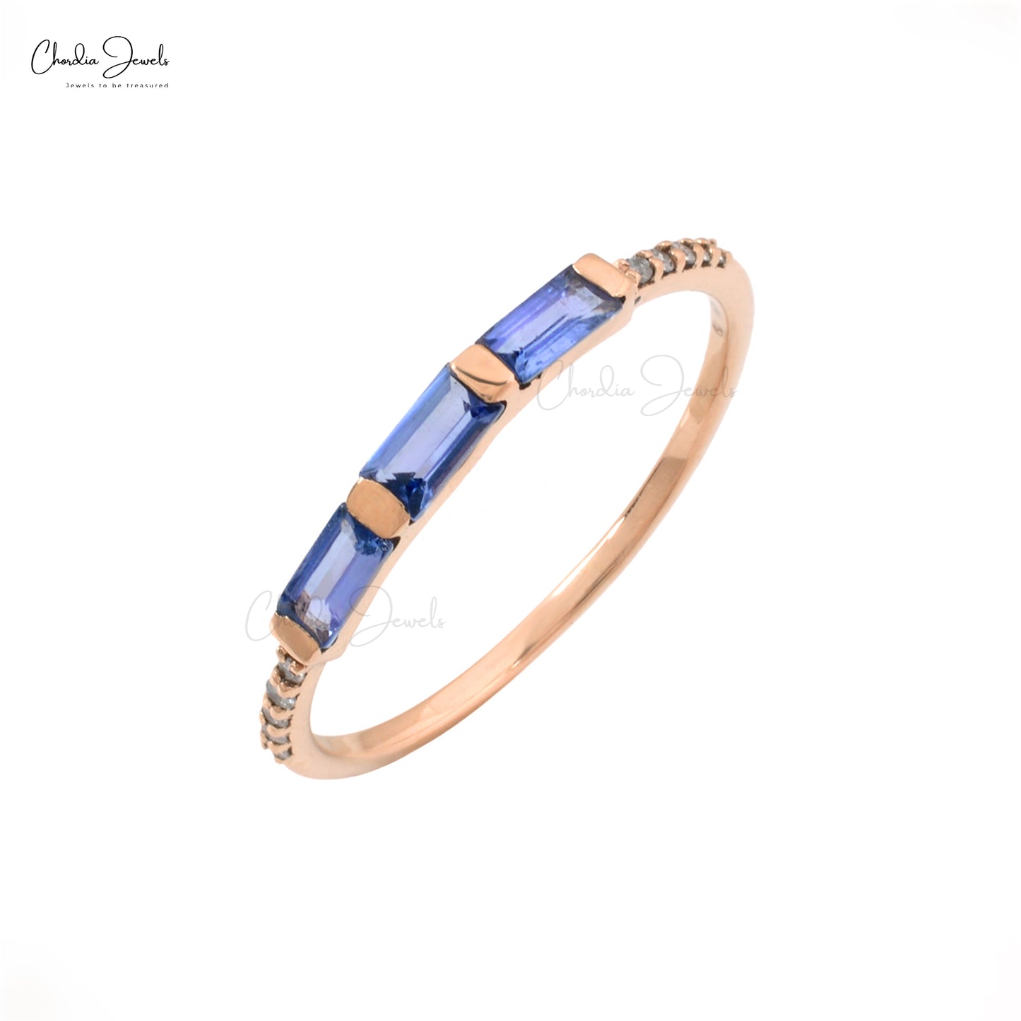 Dainty Trilogy Eternity Ring In 14k Solid Gold Genuine Tanzanite & Diamond Accents Band