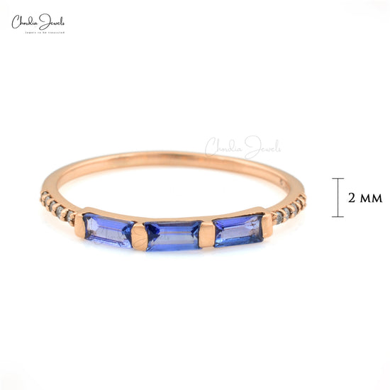 Dainty Trilogy Eternity Ring In 14k Solid Gold Genuine Tanzanite & Diamond Accents Band