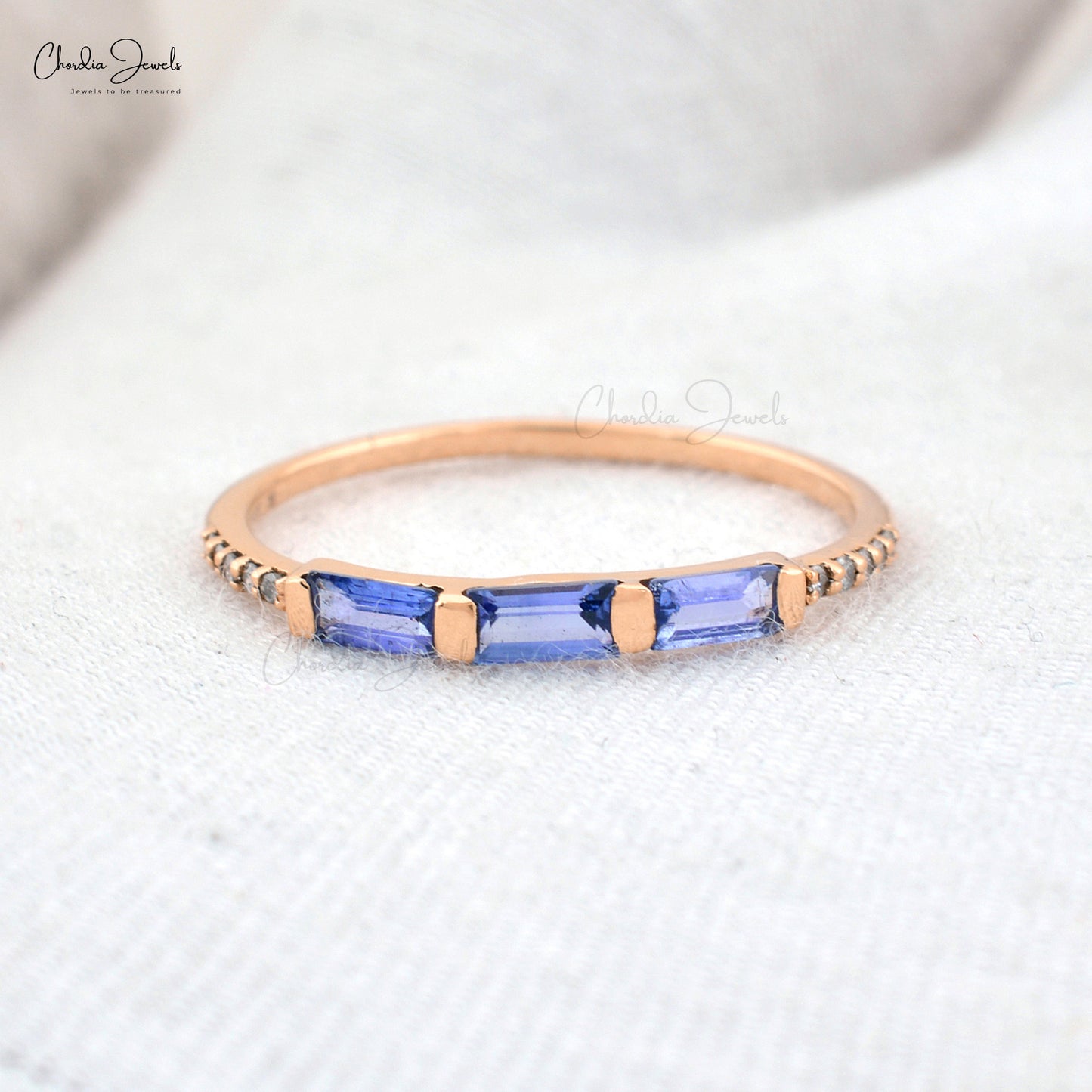 Dainty Trilogy Eternity Ring In 14k Solid Gold Genuine Tanzanite & Diamond Accents Band