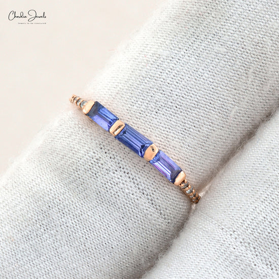 Dainty Trilogy Eternity Ring In 14k Solid Gold Genuine Tanzanite & Diamond Accents Band