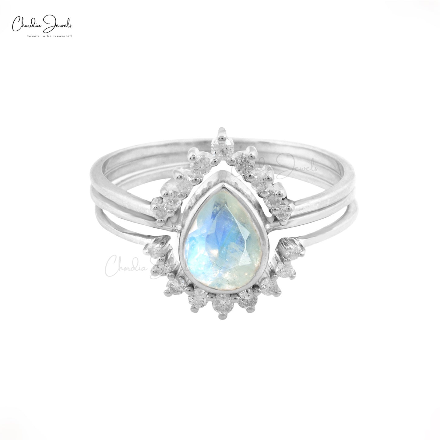 Bezel Set Moonstone Stackable Band With 7x5mm Gemstone And Diamond 14k White Gold Rings