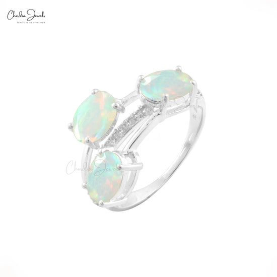 Crossover Ring With Real Opal Gemstone Prong Set 14k White Gold Diamond Accents Birthstone Ring