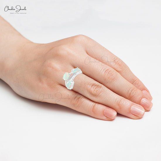 Natural Opal Split Shank Ring 14k Solid White Gold G-H Diamond Dainty Ring For Her 7x5mm Oval Cut October Birthstone Hallmarked Jewelry For Her