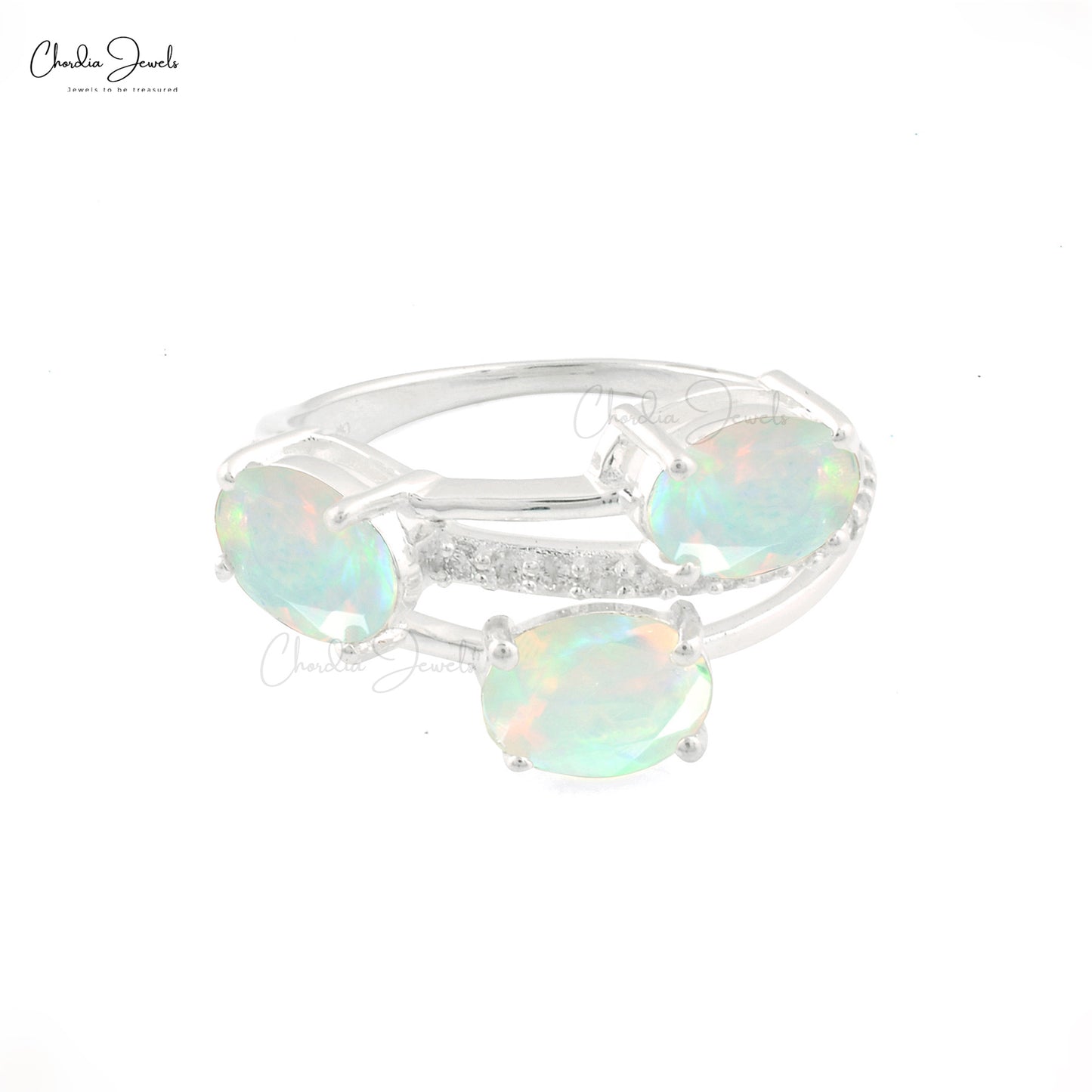 Crossover Ring With Real Opal Gemstone Prong Set 14k White Gold Diamond Accents Birthstone Ring