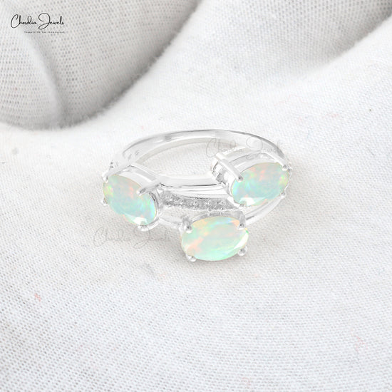 Crossover Ring With Real Opal Gemstone Prong Set 14k White Gold Diamond Accents Birthstone Ring