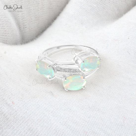 Natural Opal Split Shank Ring 14k Solid White Gold G-H Diamond Dainty Ring For Her 7x5mm Oval Cut October Birthstone Hallmarked Jewelry For Her