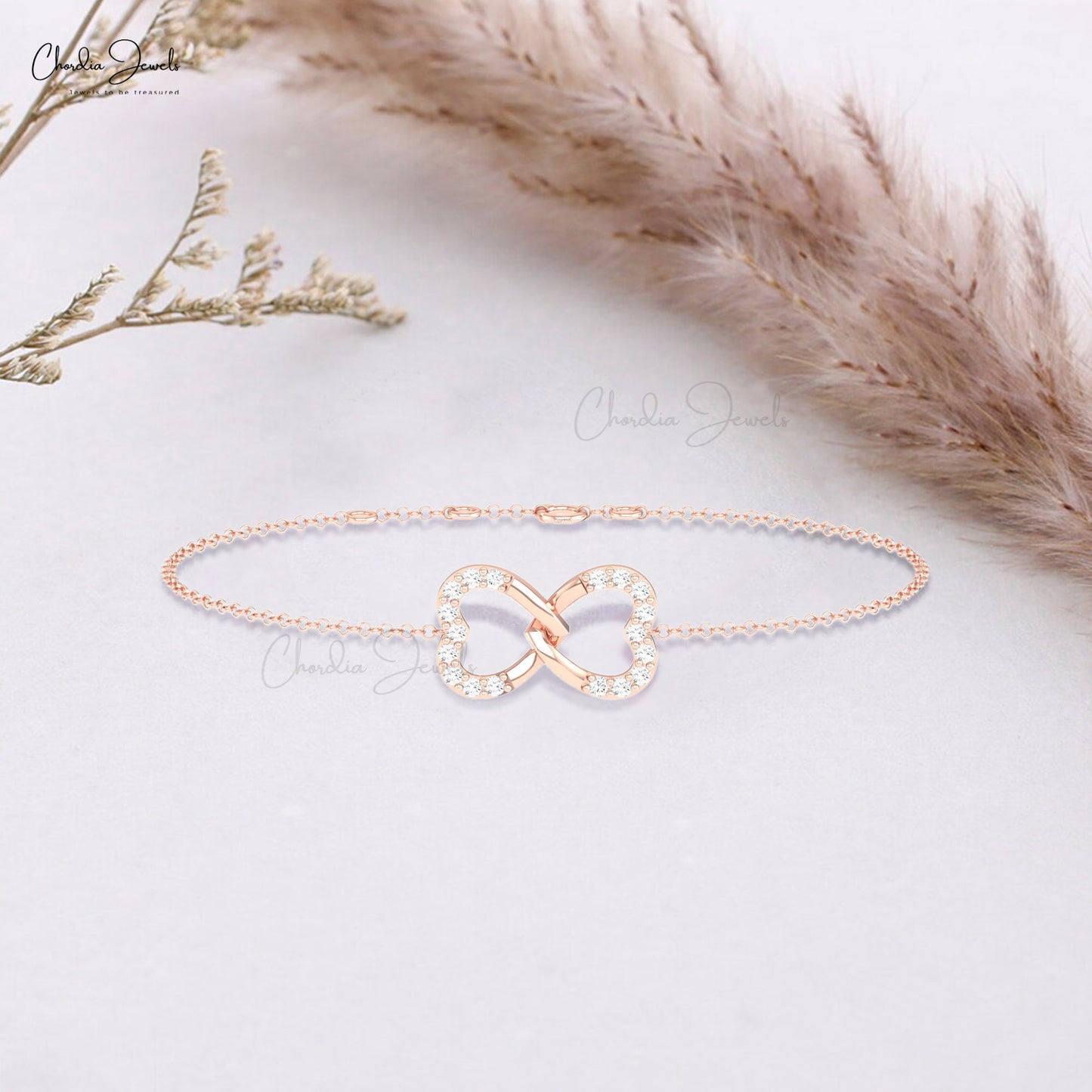 Delicate Double Heart Bracelet With 1.20mm White Diamond 14k Real Gold Arm Barcelets