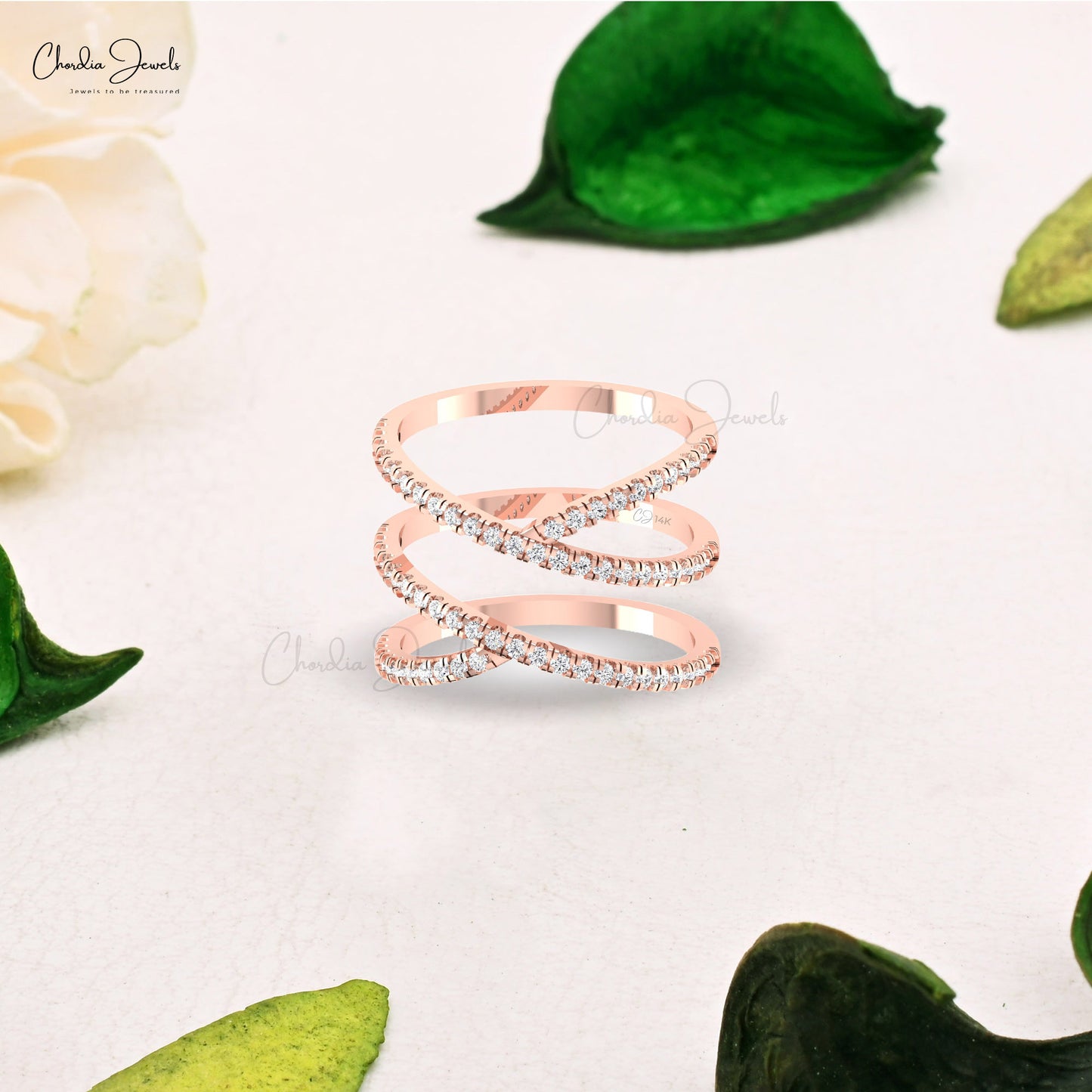 Crossover Unique Ring with 0.53 Ct White Diamond Pave Set 14k Pure Gold Hallmark Ring