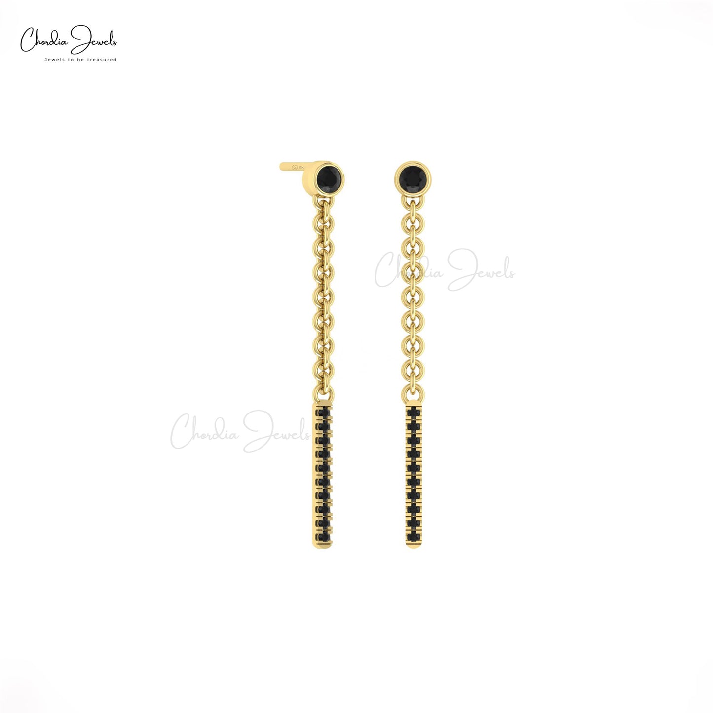 Solid 14k Gold Dangle Chain Earrings With 0.52 Ct Black Diamond Bar Push Back Earrings