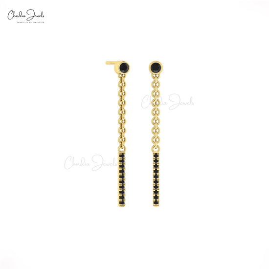 Solid 14k Gold Dangle Chain Earrings With 0.52 Ct Black Diamond Bar Push Back Earrings