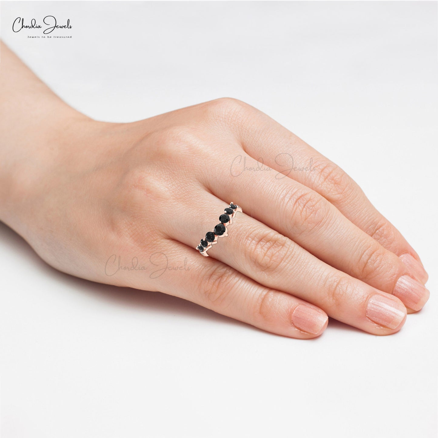 Stackable Chevron Ring In Real 14k Gold Black Diamond 1.14 Ct Round Cut Wedding Rings