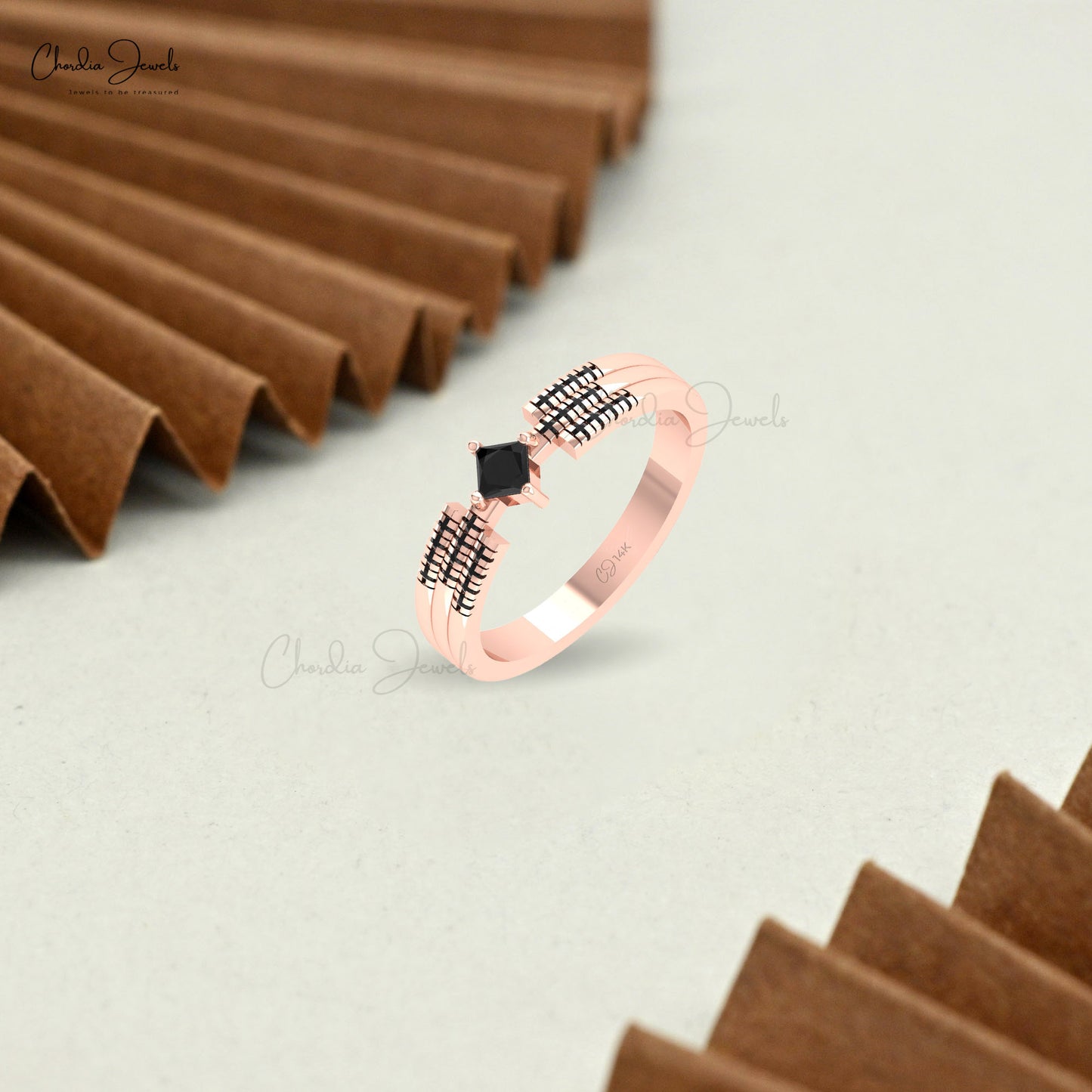Stackable Triple Band In 14k Solid Gold Black Diamond Cluster Engagement Unique Ring