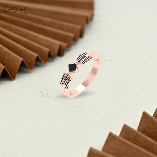 Stackable Triple Band In 14k Solid Gold Black Diamond Cluster Engagement Unique Ring