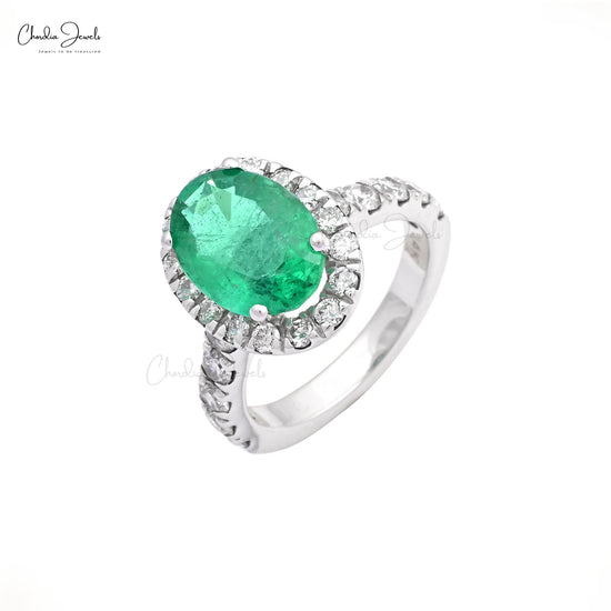 Luxury Halo Diamond Ring With 11x8mm Emerald Prong Set In 14k White Gold Engagement Ring