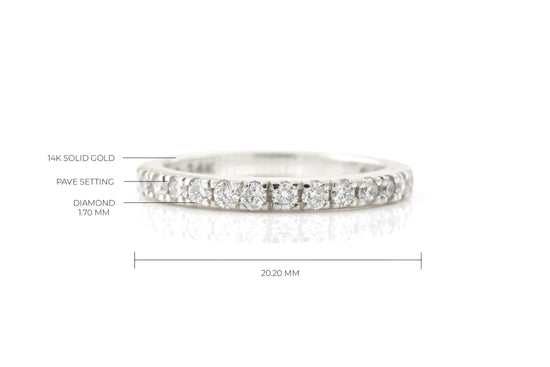 Dainty Half Eternity Ring In Pure 14k White Gold Pave Diamond 1.7mm Round Promise Band