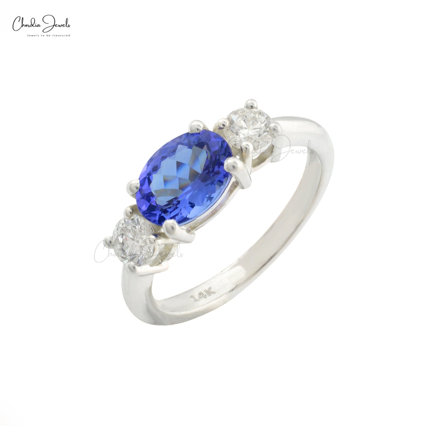 Three Stone Ring In 14k White Gold Natural Diamond Accented Dainty Tanzanite Ring For Her