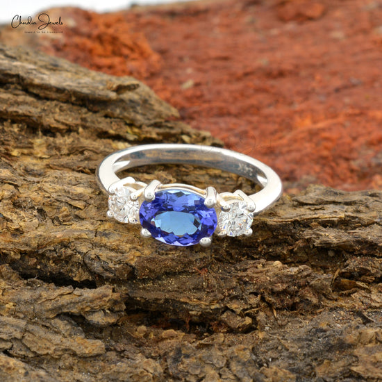 Three Stone Ring In 14k White Gold Natural Diamond Accented Dainty Tanzanite Ring For Her