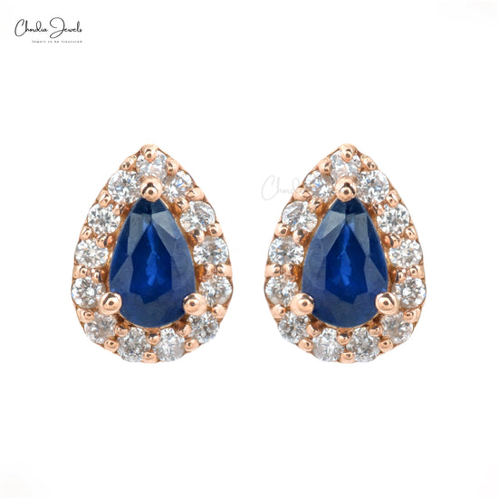 AAA Blue Sapphire Halo Studs In 14k Real Rose Gold Diamond Push Back Bridal Earrings