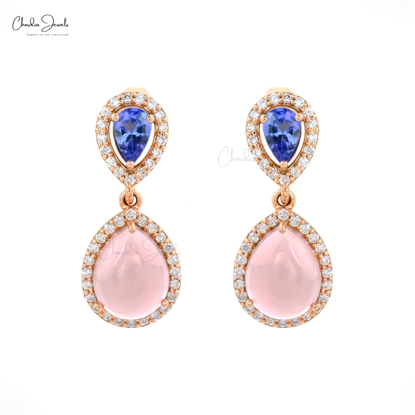 Genuine Blue Tanzanite & Rose Quartz Halo Dangling Earrings 14k Real Rose Gold 1.2mm Round Cut Diamond Earrings For Gift