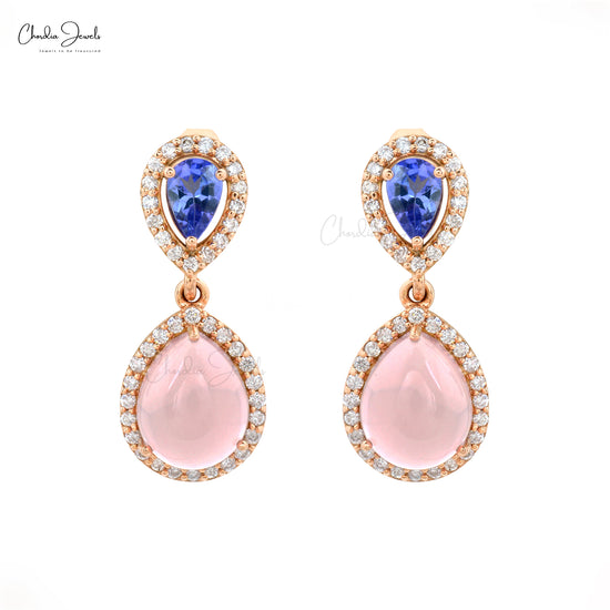 Genuine Blue Tanzanite & Rose Quartz Halo Dangling Earrings 14k Real Rose Gold 1.2mm Round Cut Diamond Earrings For Gift