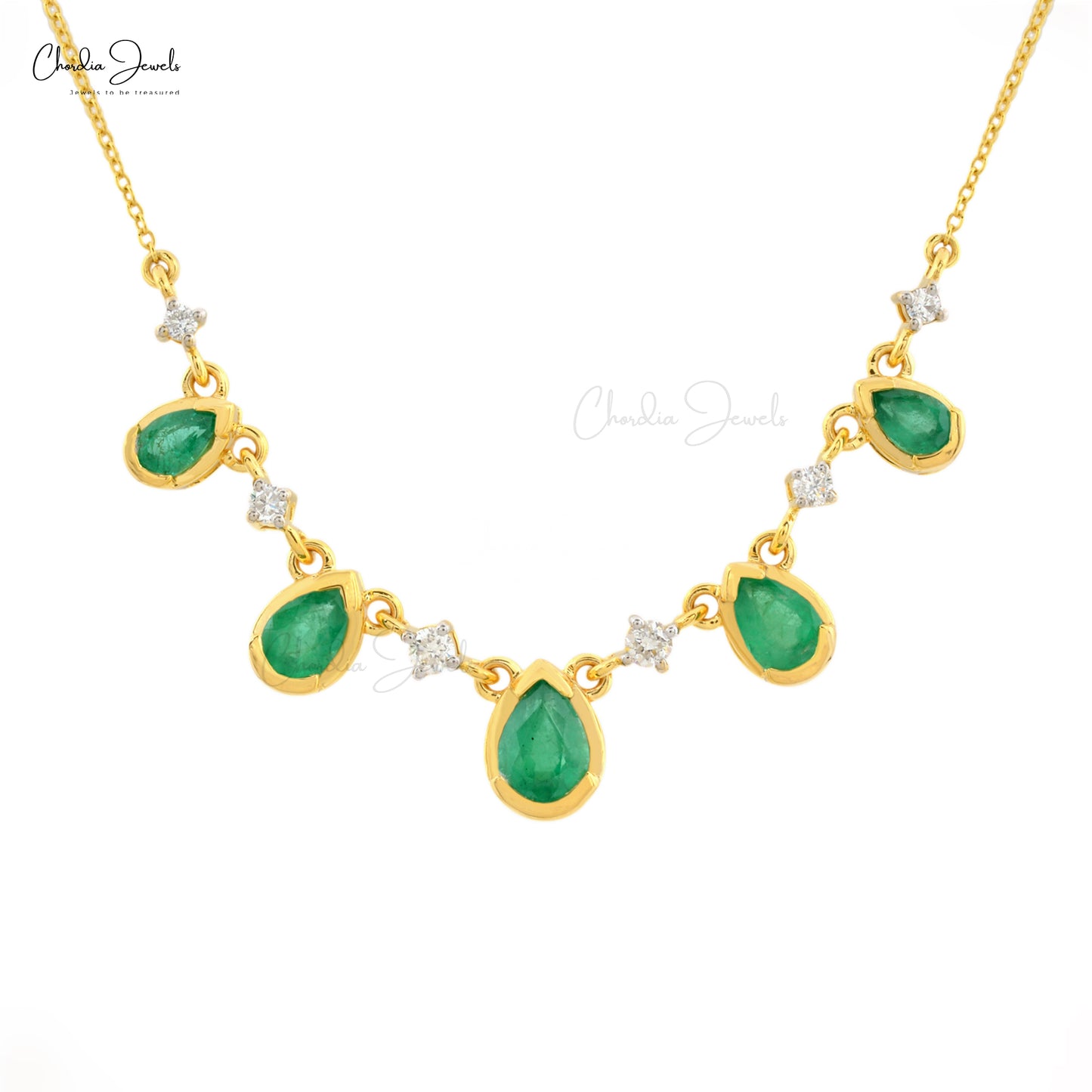 Pear Cut 1.74 Ct Natural Green Emerald Statement Necklace, April Birthstone White Diamond Necklace For Women, 14k Solid Yellow Gold Minimalist Wedding Jewelry