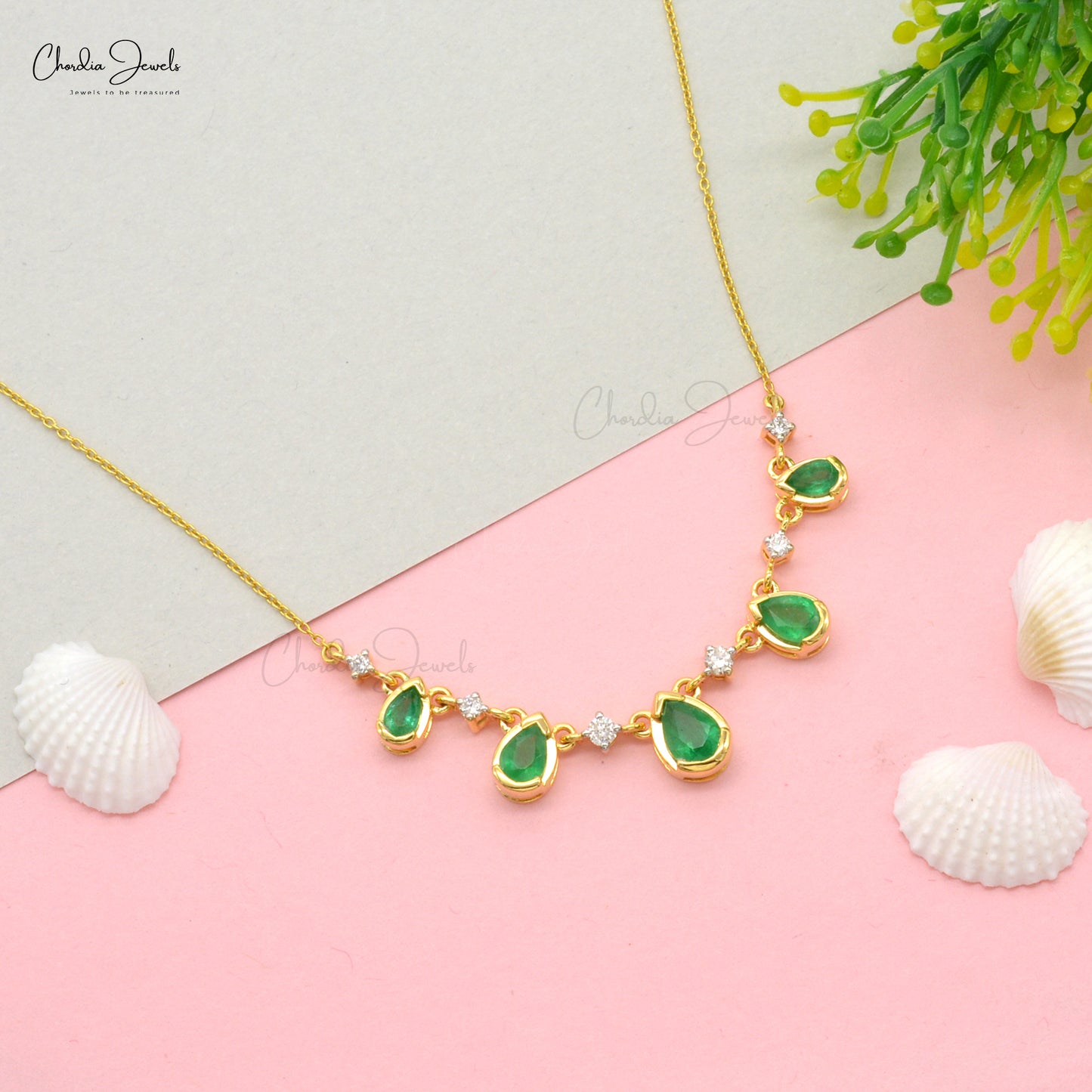 Pear Cut 1.74 Ct Natural Green Emerald Statement Necklace, April Birthstone White Diamond Necklace For Women, 14k Solid Yellow Gold Minimalist Wedding Jewelry