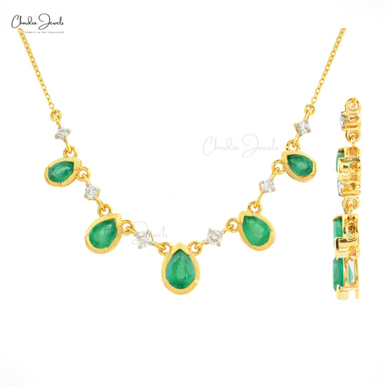 Pear Cut 1.74 Ct Natural Green Emerald Statement Necklace, April Birthstone White Diamond Necklace For Women, 14k Solid Yellow Gold Minimalist Wedding Jewelry