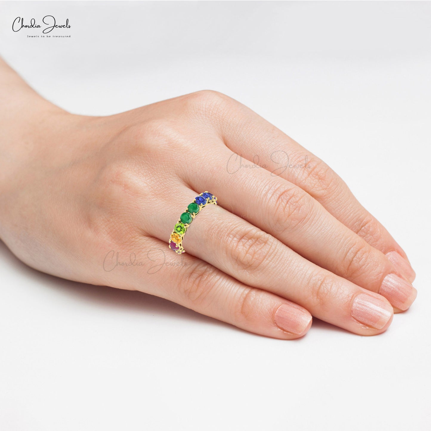Multi Gemstone Stack Band With 4mm Rainbow Stone Half Eternity Ring In 14k Solid Gold