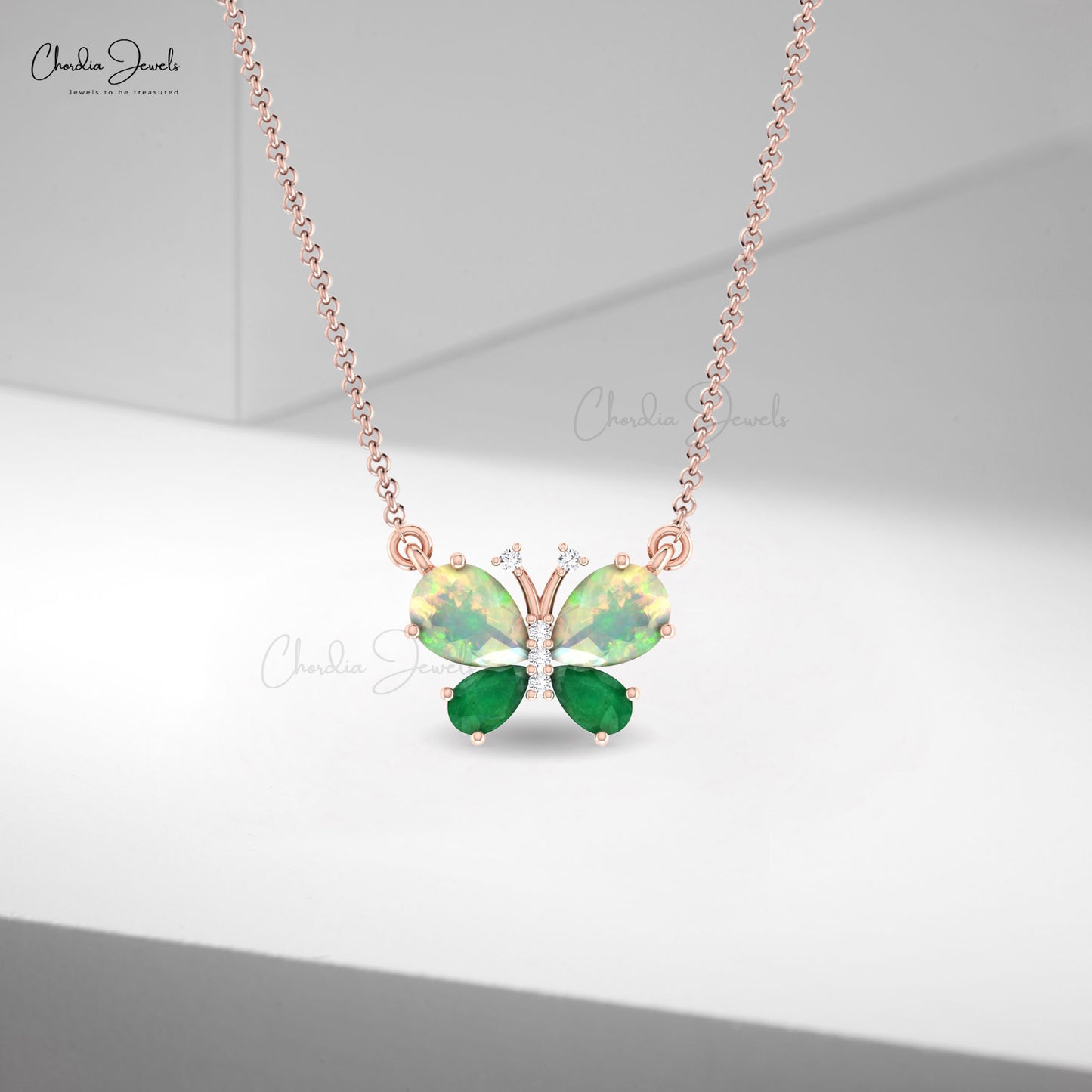 Natural Fire Opal Butterfly Necklace In 14k Pure Gold Emerald G-H Diamond Fine Jewelry