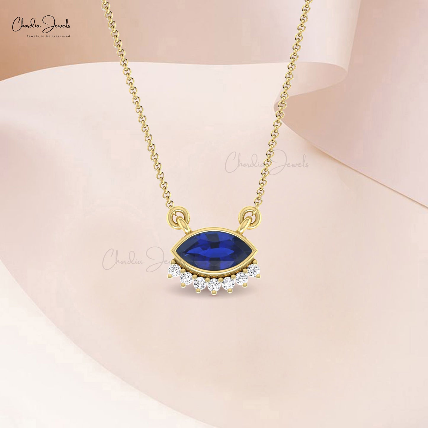 Bezel Set Marquise Necklace With 7x3.5mm Blue Saphire Dainty Diamond 14k Gold Fine Jewelry