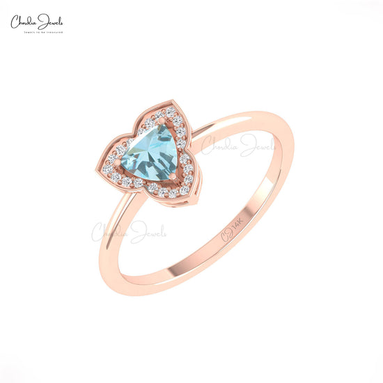 Trillion Aquamarine Gemstone Dainty Ring 14k Solid Gold Diamond Halo Wedding Ring