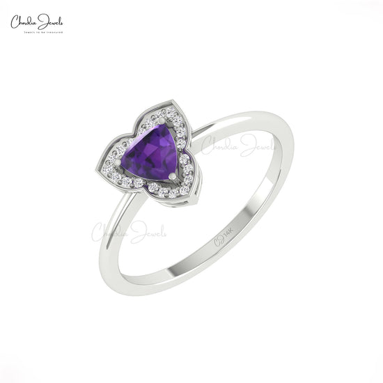 Elegant 0.42ct Amethyst Gemstone Trillion Ring 14k Solid Gold Diamond Halo Promise Ring