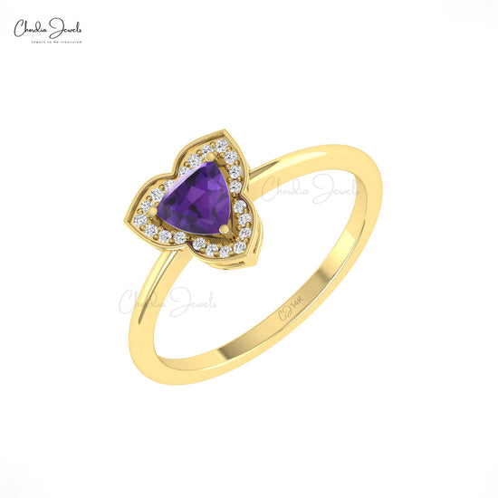 Elegant 0.42ct Amethyst Gemstone Trillion Ring 14k Solid Gold Diamond Halo Promise Ring