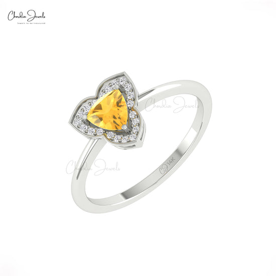 Sparkling 14K Solid Gold Trillion Ring Genuine 5mm Citrine with Diamond Halo Ring For Women