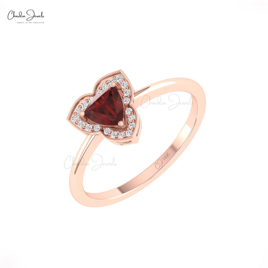 Load image into Gallery viewer, Natural 5mm Trillion Garnet Thin Band Ring 14k Solid Gold Diamond Halo Engagement Ring
