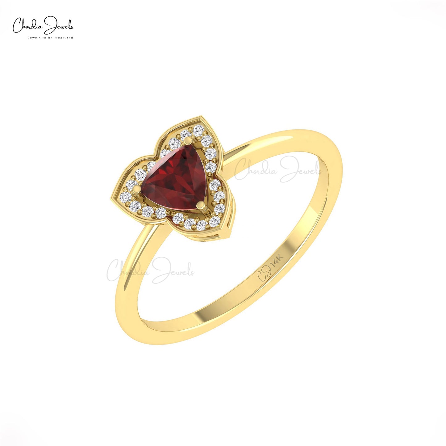 Natural 5mm Trillion Garnet Thin Band Ring 14k Solid Gold Diamond Halo Engagement Ring