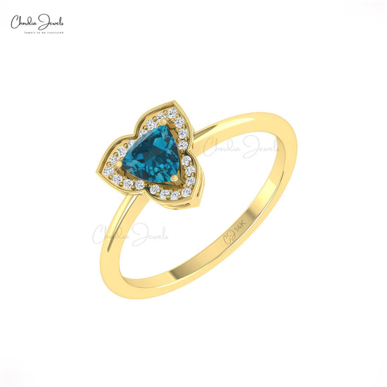 Stunning London Blue Topaz & Diamond Halo Trillion Ring in 14k Solid Gold Band For Love