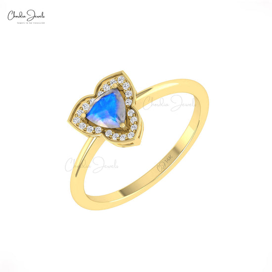 Load image into Gallery viewer, Natural Rainbow Moonstone Trillion Ring 14k Solid Gold 0.42ct June Birthstone Diamond Halo Ring
