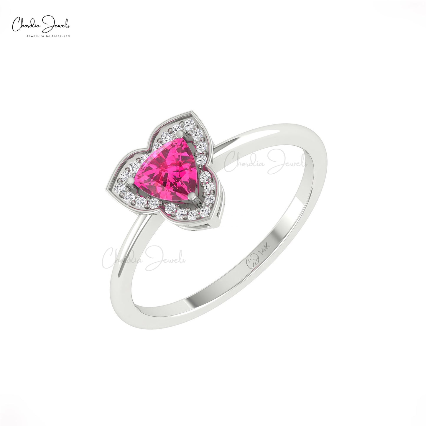 Natural Pink Tourmaline Wedding Ring 14k Real Gold Diamond Halo Trillion Gemstone Ring