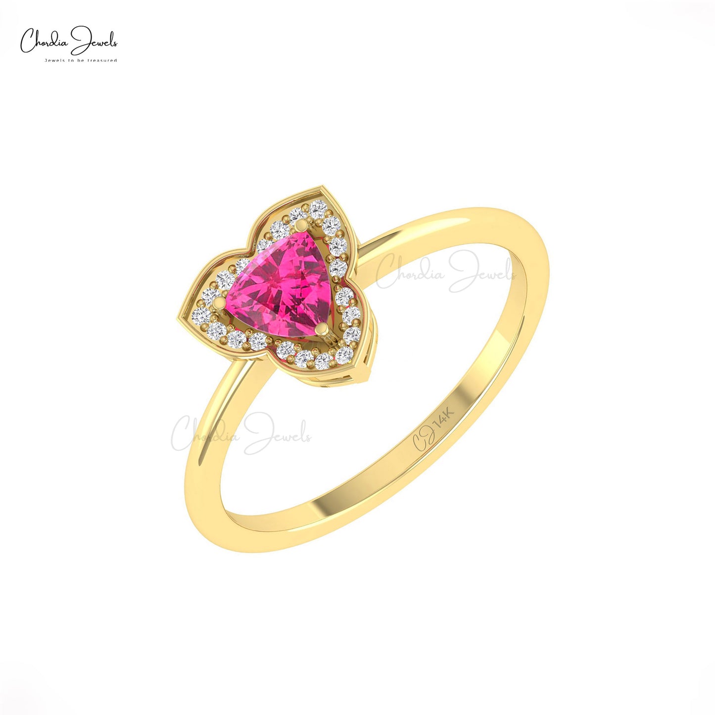 Natural Pink Tourmaline Wedding Ring 14k Real Gold Diamond Halo Trillion Gemstone Ring