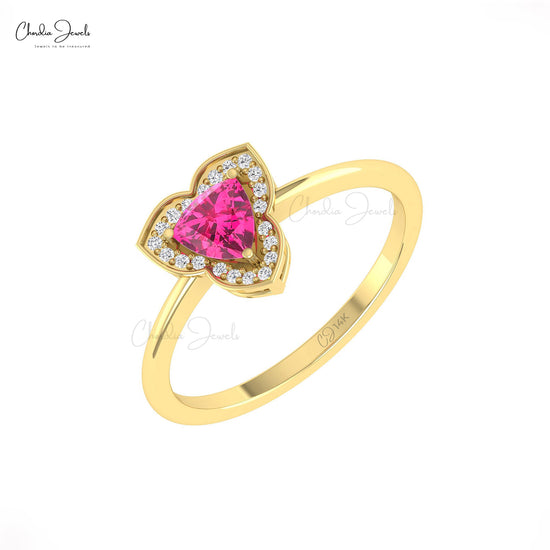 Natural Pink Tourmaline Wedding Ring 14k Real Gold Diamond Halo Trillion Gemstone Ring