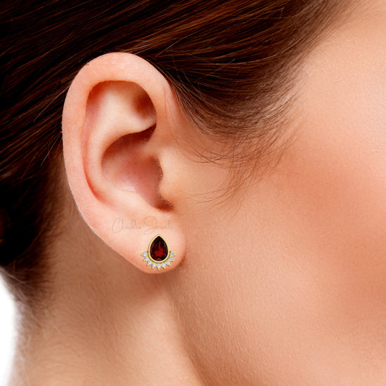 Pear Bezel Set Earrings With 1.26 Ct Red Garnet And Diamond Flare Studs In 14k Real Gold