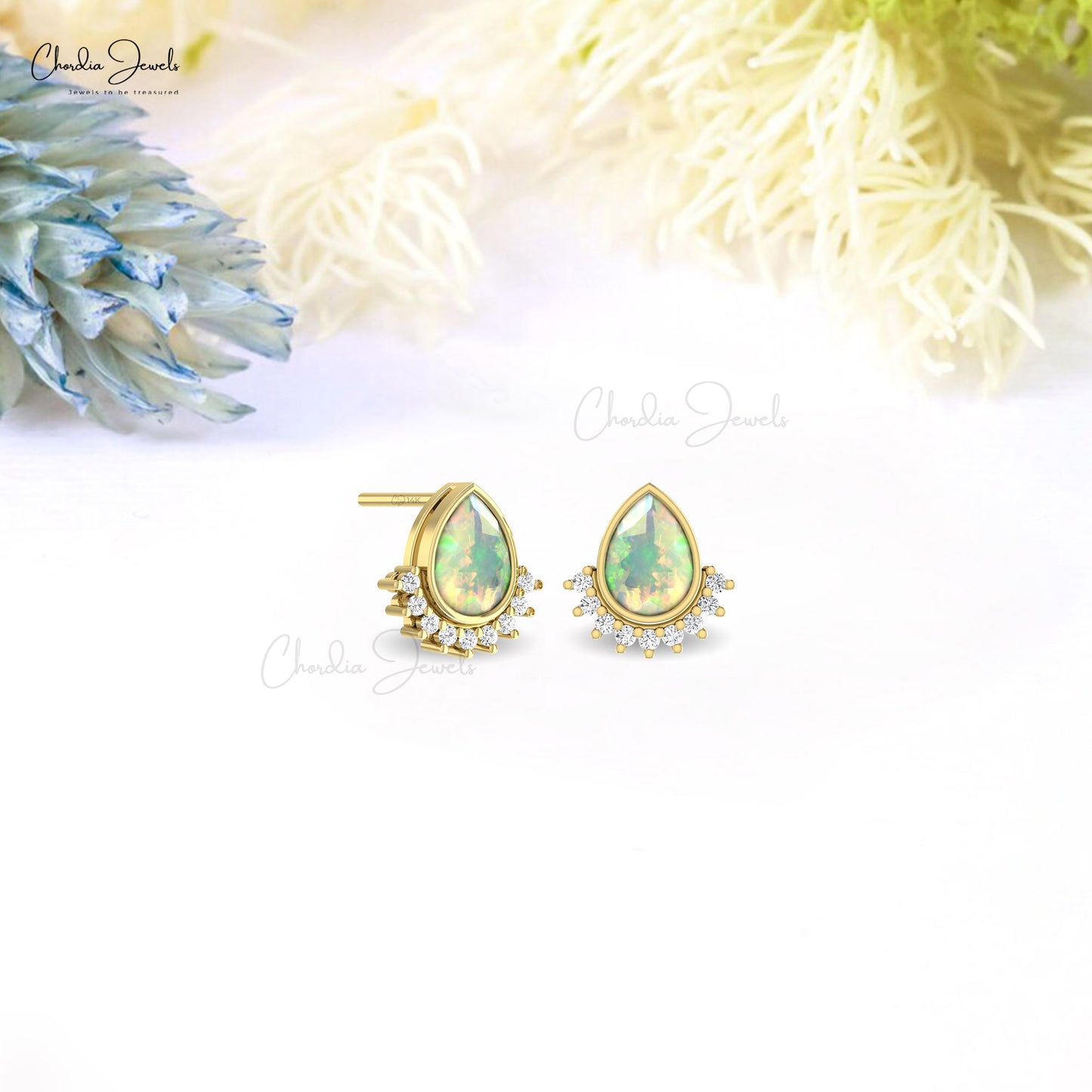 Floating Diamond Studs With 7x5mm Fire Opal Bezel Set In 14k Pure Gold Earrings For Her